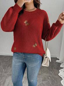 SHEIN Clasi 女士纯色针织蝴蝶结刺绣花朵长袖常规优雅套头毛衣，秋冬毛衣搭配蝴蝶结蝴蝶结毛衣优雅毛衣 - 紅色 - 查看 4