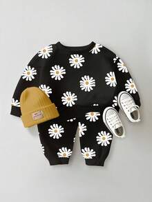GraphicGems 2 件套女婴休闲时尚可爱甜美花卉雏菊图案圆领运动衫和运动裤套装，秋冬 - 黑色 - 查看 2