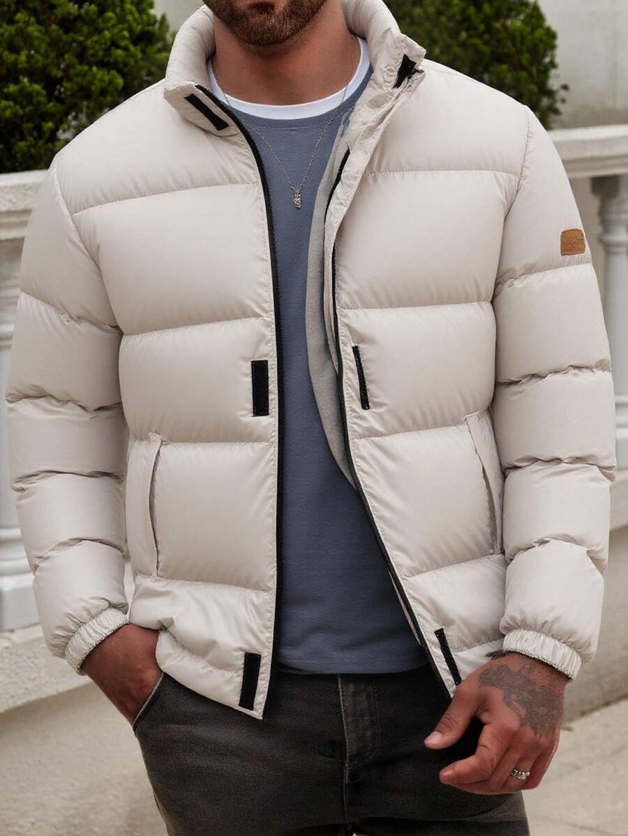 SHEIN Cottnline Men Sticky Zipper Patched AW Fashion Hooded Regular Wintercoat - Grey - View 1