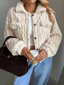 Auralis Plus Size Women's Solid Color Turndown Collar Long Sleeve Fleece Casual Jacket, Autumn/Winter Fall, Apricot Coats, Casual Outfit For Women, Women's Winter Jacket, Women's Winter Coat, Winter Clothes For Women - Apricot - View 6