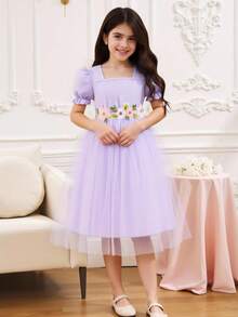 SHEIN Tween Girl Embroidered Flower Applique Puff Sleeve Mesh Overlay Dress