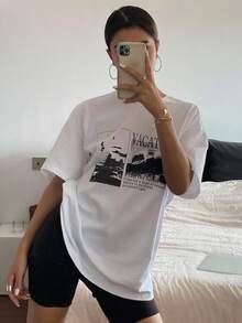 Livesso 女式短袖宽松圆领 T 恤，带标语和图案印花，夏季超大码 T 恤，图案 T 恤 - 白色 - 查看 10