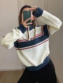 DAZY 女士宽松休闲条纹撞色半拉链毛衣，秋冬 - 藏蓝色 - 查看 3