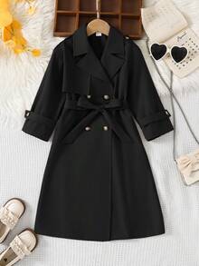 SHEIN Kleine Mädchen Locker geschnittene Jacke mit Doppelreiher-Kragen, Parka, Trenchcoat, im lässigen Militärstil, geeignet für Pendeln und Outdoor-Outfit, Frühling/Sommer/Herbst/Winter, Y2K-Stil für metallic Jacke, Y2K-Jacke, silberne Jacke, für Halloween, Mutter & Schwester & Ich Partnerlook, Herbst - Schwarz - Übersicht 5