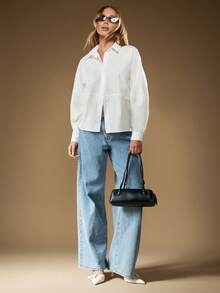 MISSGUIDED 棉质超大号纽扣衬衫，筒袖，宽松版型，适合休闲办公室穿着 - 白色 - 查看 3