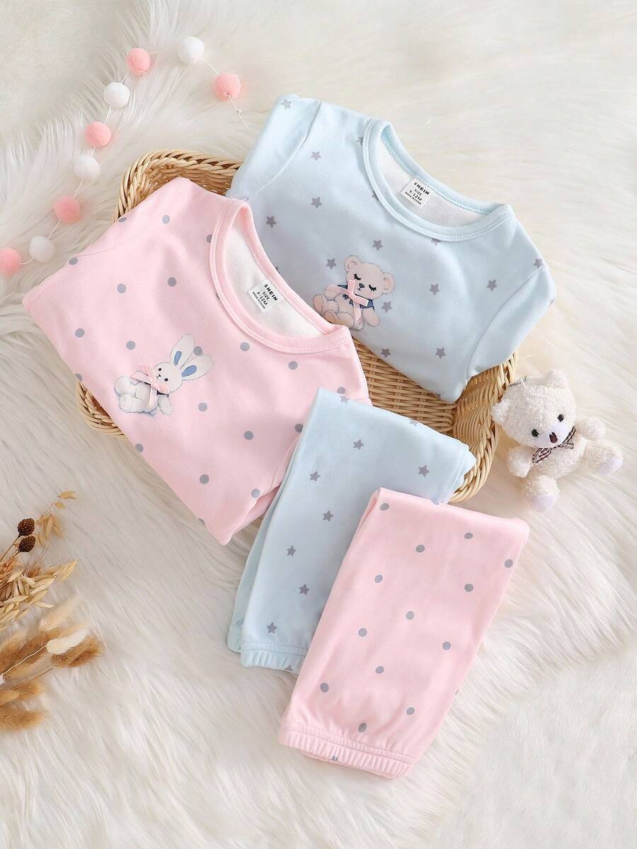 4pcs/Set Baby Girls' Pink & Blue Long Sleeve Bodysuit & Pants Pajama Set Baby Girl Pajamas Toddler Pajamas Soft Baby Girl Pajamas Baby Girl Sleepwear Toddler Sleepwear Fall Winter - Multicolor - View 1