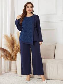 Lacomfia 2pcs Set Contrast Lace + Asymmetric Design Elegant Elegant Outfit, Navy Blue - Navy Blue - View 5