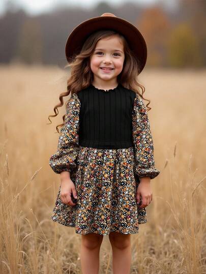 SHEIN Emery Rose Kids 少女LUNE碎花灯笼袖荷叶边下摆连衣裙法式碎花仙子裙田园风秋冬