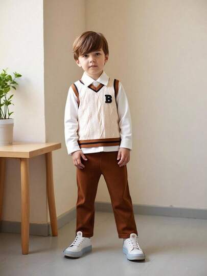 Souflis 4-7 år gamla pojkar i retrostil, 3-delat set: Kontrastfärgad stickad jacquardväst + manchesterbyxor + vit skjorta, Streetstyle/Födelsedagsfest, Höst/Vinter