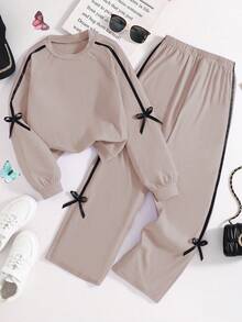 SHEIN Tween Girls Casual Resort Comfy Simple Preppy Cute Bow Contrast Color Tape 2 Pieces Set Young Girls Sets Fall Winter - Camel - View 5