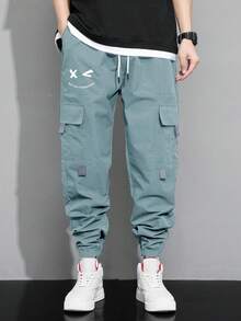 Claim Dot Loose Fit Men's Cartoon Printed Flap Pocket Cargo Pants - Baby Blue - View 4