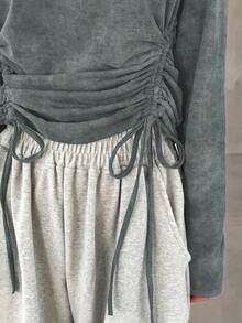 FRIFUL Women's Round Neck Long Sleeve Casual Loose T-Shirt With Drawstring Hem Gray Top Long Sleeve Top Cinched Waist Top Tie Up Top Ruched Top - Grey - View 2