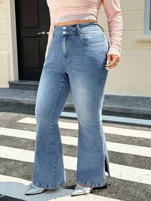 Rivivi 大码女式牛仔裤，蝴蝶结，樱桃刺绣，做旧，磨损下摆，喇叭腿 - 中等水洗藍 - 查看 6