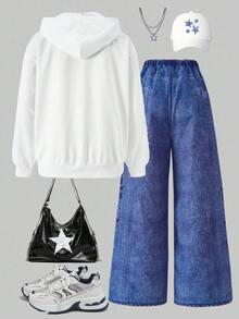 Sparklyn Bộ 2 áo hoodie oversized cho bé gái tuổi teen in hình ngôi sao & quần ống rộng cạp chun, phong cách đường phố - Màu xanh lam - Xem 2