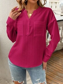 SHEIN LUNE 女款素色缺口領落肩長袖口袋休閒襯衫上衣 女款長版罩衫襯衫 女款襯衫 女款罩衫 - 中紫紅色 - 查看 3