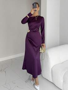 Siren Gaze Women's Solid Color Asymmetric Shoulder Long Sleeve Pleated Elegant Long Dress Dress Modest Plum Dress Purple Long Dress Long Sleeve Elegant Dress Purple Elegant Dress Women Winter Christmas New Year Party Red Party Dress Burgundy - Burgundy - View 1