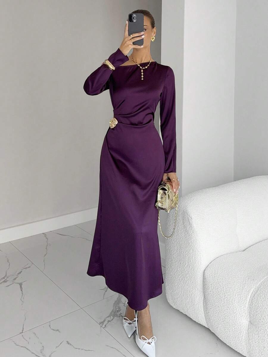 Siren Gaze Women's Solid Color Asymmetric Shoulder Long Sleeve Pleated Elegant Long Dress Dress Modest Plum Dress Purple Long Dress Long Sleeve Elegant Dress Purple Elegant Dress Women Winter Christmas New Year Party Red Party Dress Burgundy - Burgundy - View 1