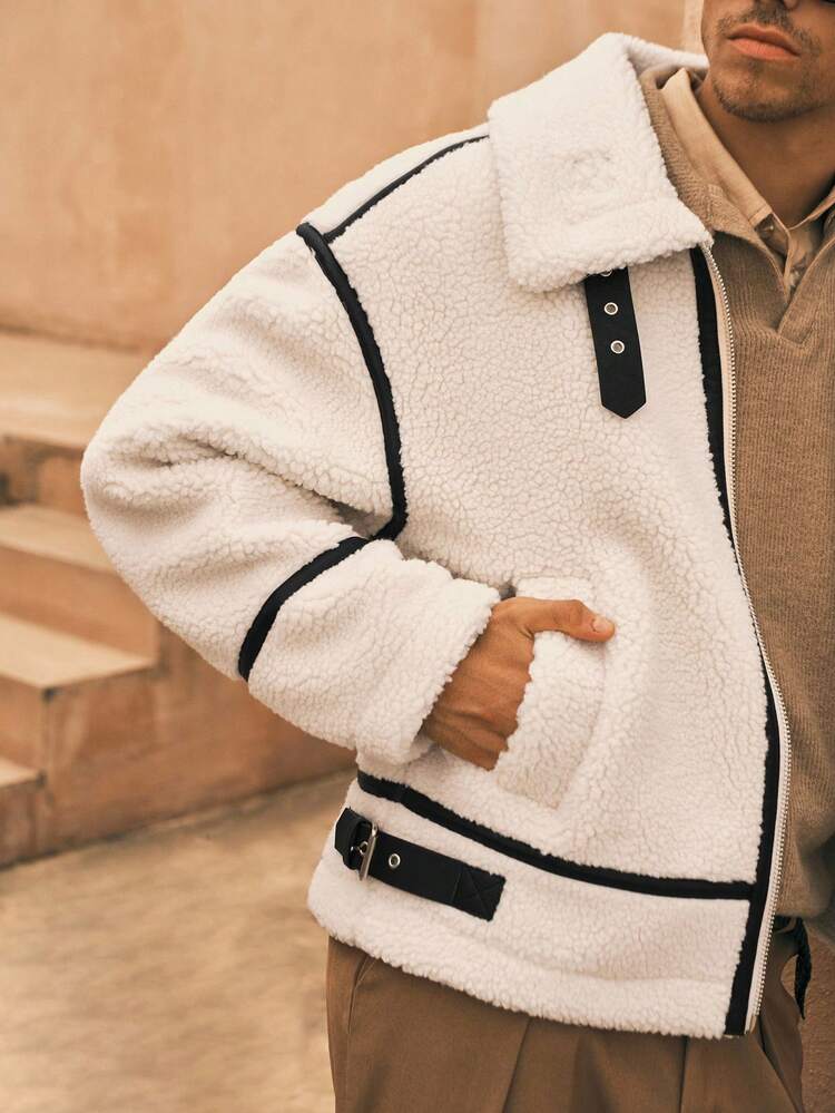 Men's Casual Street Style Sheepskin Patchwork Short Loose Fit Jacket, Autumn/Winter