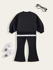 2pcs/Set Young Girl Casual Butterfly Print 2 In 1 Contrast Color T-Shirt And Sweatpants Set Fall Winter - Black - View 2