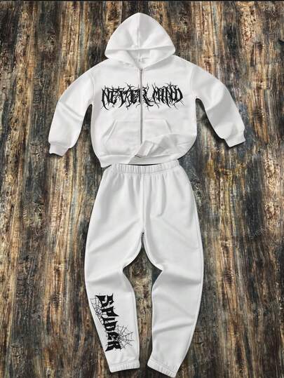 SHEIN 2 st/set tonårspojkar lös passform med huvtröja och mjukisbyxor med bokstäver och grafik