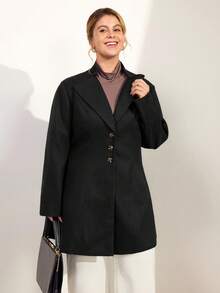 SHEIN Tall Mantel Panjang Wanita Ukuran Besar dengan Kerah Ramping dan Warna Polos - Hitam - View 7