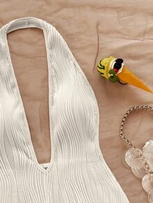 Soleia Bộ đồ liền thân hở lưng cổ chữ V sâu họa tiết gợn sóng dệt kim màu trắng dành cho nữ, thời trang phù hợp cho tiệc tùng, hẹn hò, trà chiều, kỳ nghỉ Boho, bãi biển, trang phục mùa hè - Màu be - Xem 5