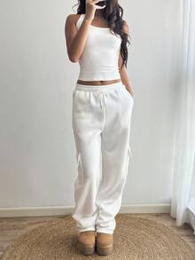 SHEIN Unity Women's Solid Color Drawstring Waist Cargo Pocket Straight Leg Casual White Sweatpants - White - View 4