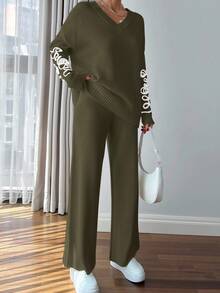 EURMUSE Women Pink Embroidery Detailed Sweater Set - Army Green - View 4