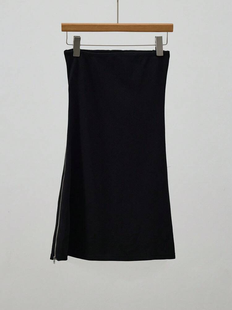 SHEIN Maija Women's Solid Color Side Zipper Design Fitted Black Skirt, Fall For Women Halloween