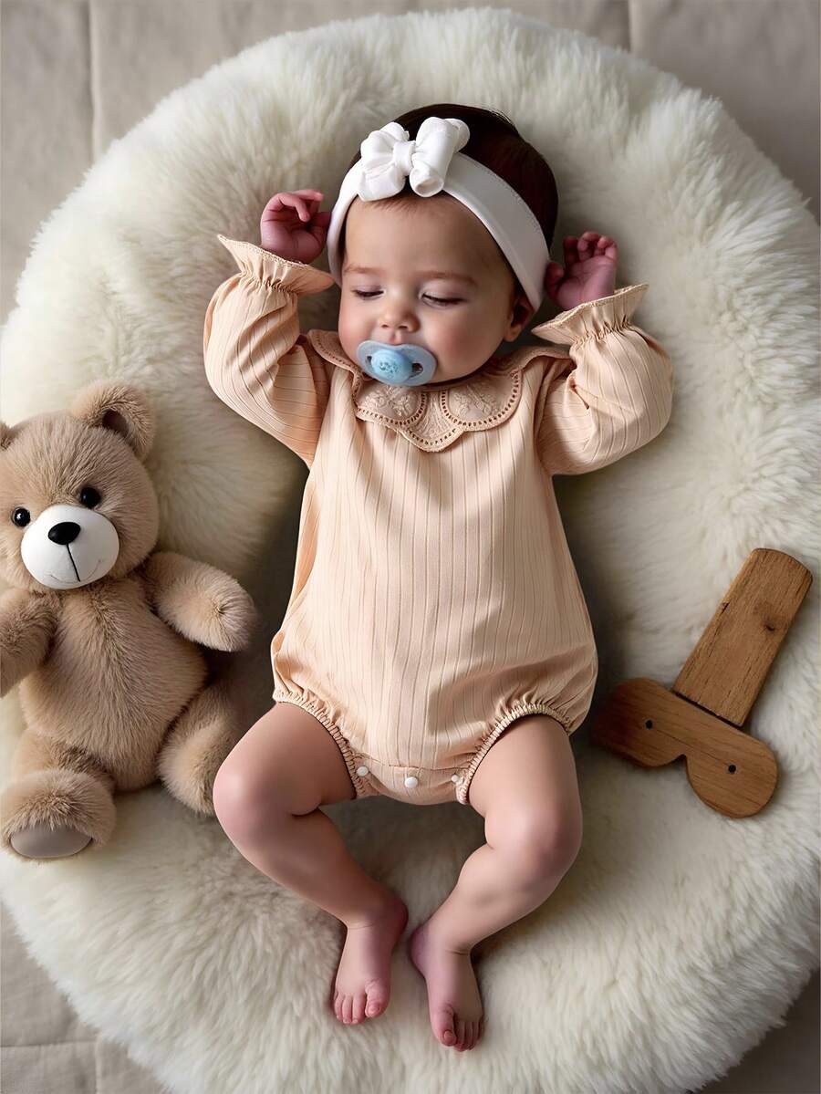 SHEIN Baby Girl Ruffle Collar Comfortable Ribbed Bodysuit, Soft & Casual Long Sleeve Bodysuit Fall Winter - Apricot - View 1