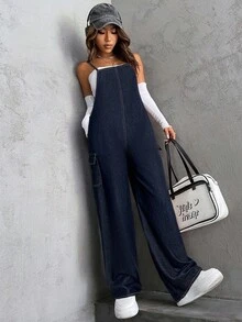 SHEIN Teen Girls Y2K Fashion Solid Washed Baggy Wide Leg Denim Jeans Overalls Jumpsuit Slanted Pocket Without Top,Casual Collegiate Style Comfortable Fashion Minimalist Practical Versatile Soft Fabric,Girls Fall Winter Clothes Back To School Homecoming Outfits,Autumn Clothes,Streetwear Outfits