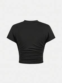 SHEIN 少女春夏纯色黑色立体压花字母图案针织圆领休闲宽松短袖T恤上衣休闲宽松长裤套装,校服,基础款,日常款,适合各种场合,返校,校园风 - 黑色 - 查看 6