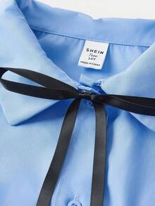 SHEIN Loose Casual Comfortable Butterfly Embroidered Collar Long Sleeve Shirt, Suitable For School Back To School Season, Teen Girls Fall Winter - Blue - View 3
