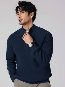 Manfinity Mode Plus Size Men's Solid Color Long Sleeve Zip-Up Half Placket Casual Sweater, Autumn/Winter