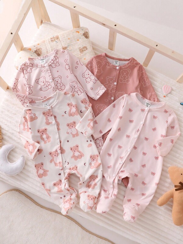 4 piezas Enterizo con pies de manga larga con estampado de oso recién nacido en color caqui