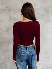 Lunelith SHEIN Lunessa Top à manches longues ajusté et court, avec décoration de nœud, volants en dentelle et patchwork, pour sortie