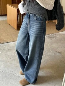 DAZY 女士保暖内衬直筒牛仔裤，复古高腰修身阔腿牛仔裤，秋冬季保暖内衬 - 藍色 - 查看 4