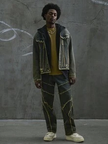 Manfinity EMRG 男士复古流苏牛仔夹克和阔腿裤两件套朋克复古水洗修身派对街头破洞牛仔秋装