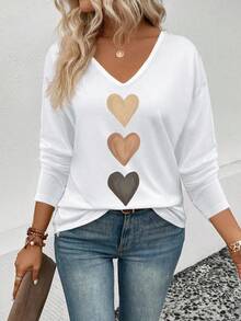 EMERY ROSE Women's V-Neck Cuffed Sleeve, Popular Ombre Heart Print Casual Versatile Long Sleeve T-Shirt