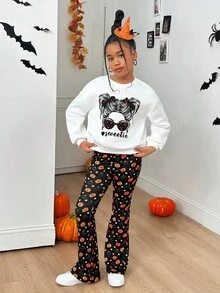 SHEIN 青少年女孩时尚休闲针织圆领运动衫和喇叭裤套装 - 亮橙色 - 查看 3