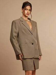 Silquee 女士时尚格子通勤西装外套 - 卡其色 - 查看 6