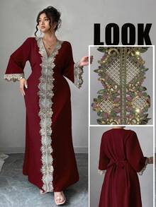 Elenzga 大码女装春夏休闲通勤时尚都市女性风格独特经典复古蕾丝定位精致设计感外国度假旅行长袖庄重奢华长裙 - 酒紅色 - 查看 1