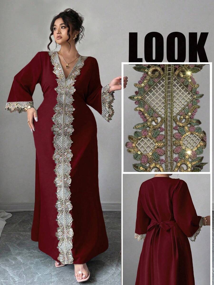 Elenzga 大码女装春夏休闲通勤时尚都市女性风格独特经典复古蕾丝定位精致设计感外国度假旅行长袖庄重奢华长裙 - 酒紅色 - 查看 1