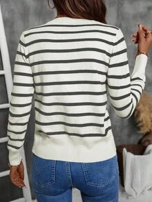 EMERY ROSE Women's Striped Long Sleeve Single-Breasted Casual Thin Knit Cardigan, Autumn