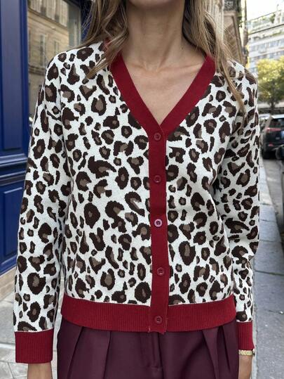 Chiquease 女士豹纹休闲宽松纽扣开衫，长袖