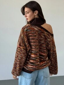 Aloruh 女式复古条纹花卉毛绒高领长袖深 V 套头毛衣，秋冬百搭针织上衣 - 棕色 - 查看 1