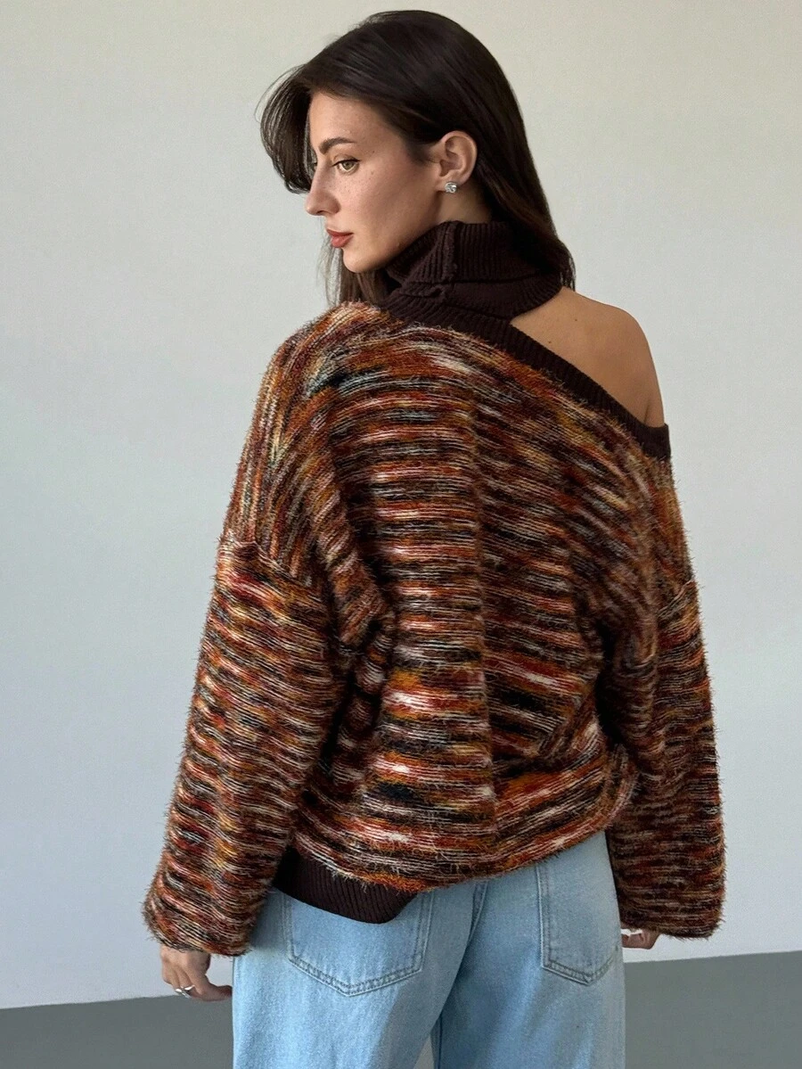 Aloruh 女式复古条纹花卉毛绒高领长袖深 V 套头毛衣，秋冬百搭针织上衣 - 棕色 - 查看 1