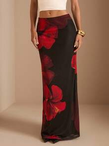 SHEIN BAE 女式黑色底红色花卉印花网眼裙，适合婚礼季节、万圣节、夜间外出、活动、节日，优雅女士裙，黑红色花朵女式裙 - 黑色 - 查看 4