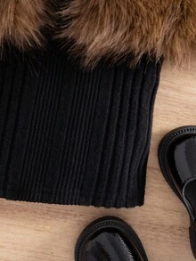 SHEIN Babygirl Cute & Elegant Fuzzy Knit Long Sleeve Dress Set, Autumn/Winter Fall Babygirl Versatile Casual Cute Elegant Lady Plush Knitted Long-Sleeved Ribbed Texture Dress Plush Coat Set 2 Pieces, Autumn And Winter, Brown Plush Coat And Black Dress, Versatile Autumn And Winter Warm Fashion, Cutting-Edge Fashion Design Can Be Worn Indoors And Outdoors, Care For Baby's Skin, Mother's Shopping First Choice Suitable For Indoor And Outdoor, Daily, Sports, Play, Party, Photo, Vacation, Festival