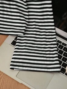 INAWLY 女士休闲条纹圆领落肩长袖T恤，简约时尚 - 黑與白 - 查看 6